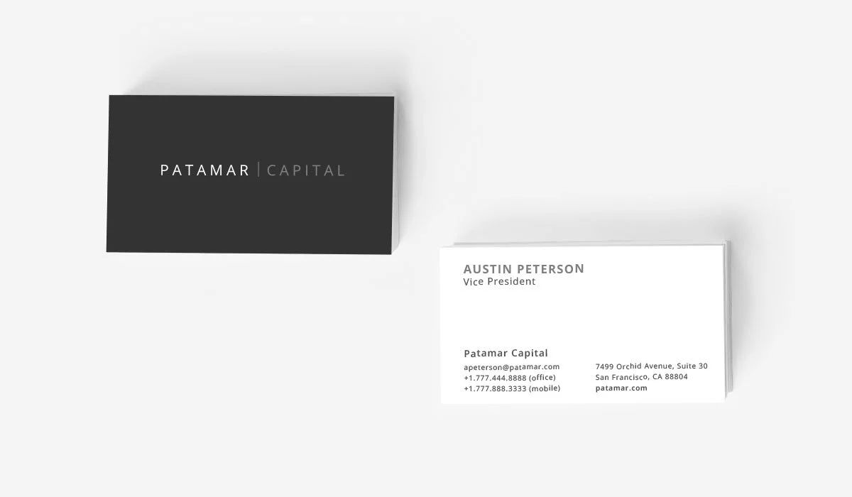 A pair of business cards. The card on the left is black with "PATAMAR | CAPITAL" in white text. The card on the right is white with contact details for "Austin Peterson, Vice President" at Patamar Capital, including email, phone numbers, and address in San Francisco.