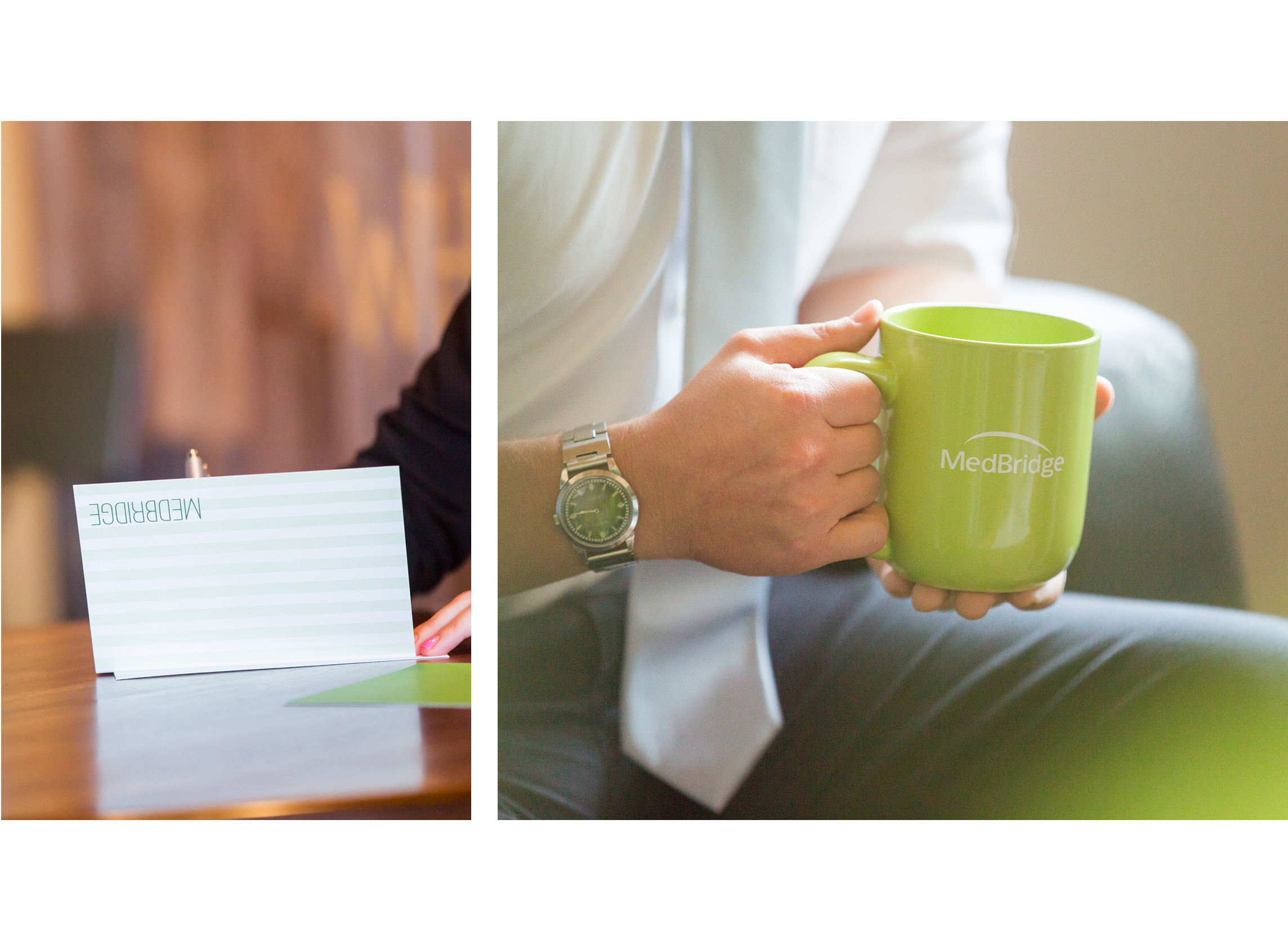 Person holding a green mug with the words 'MedBridge' printed on it, with a notebook in the foreground showing the same brand name.