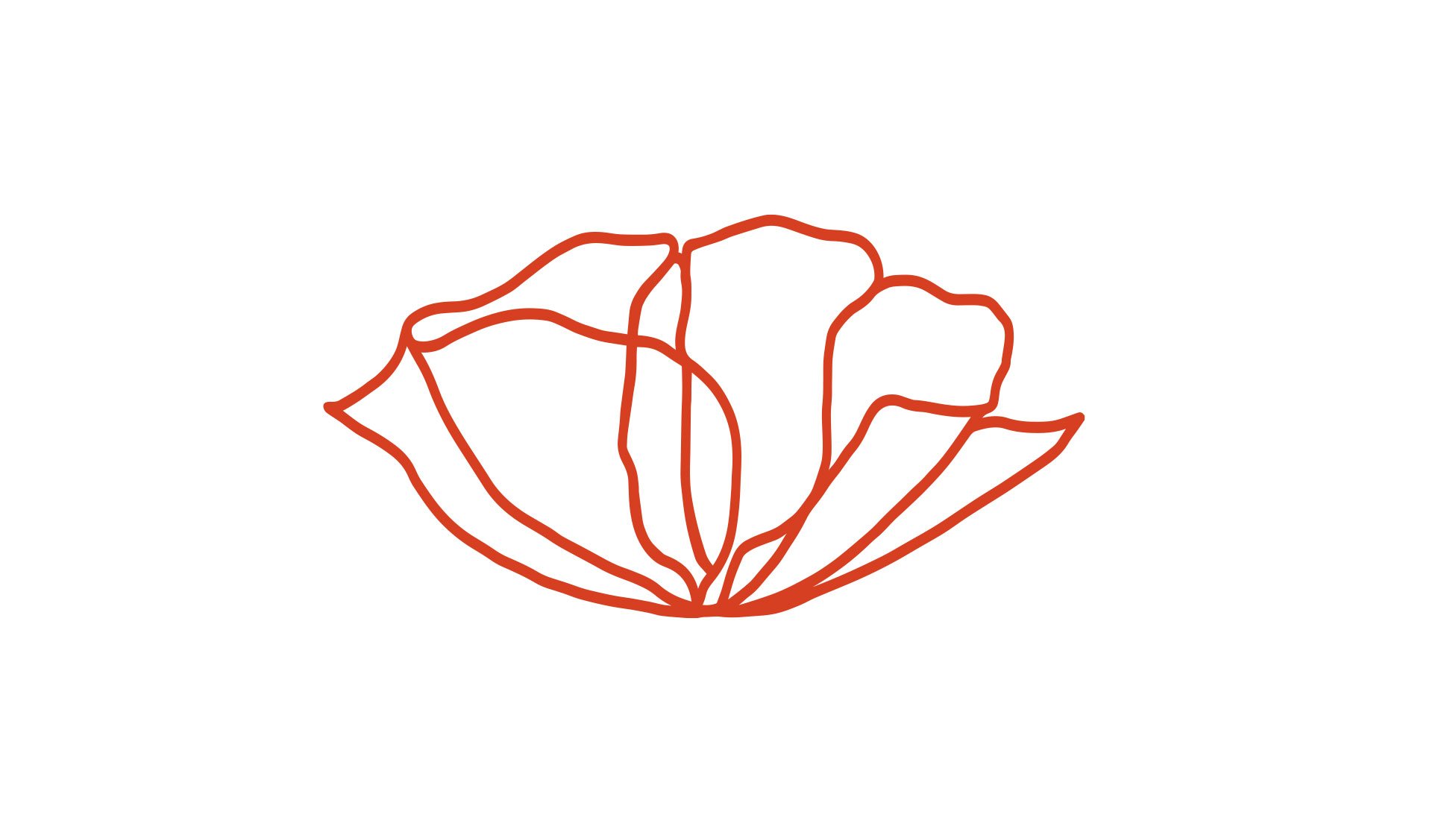 Minimalist red line drawing of a flower with open petals on a white background.