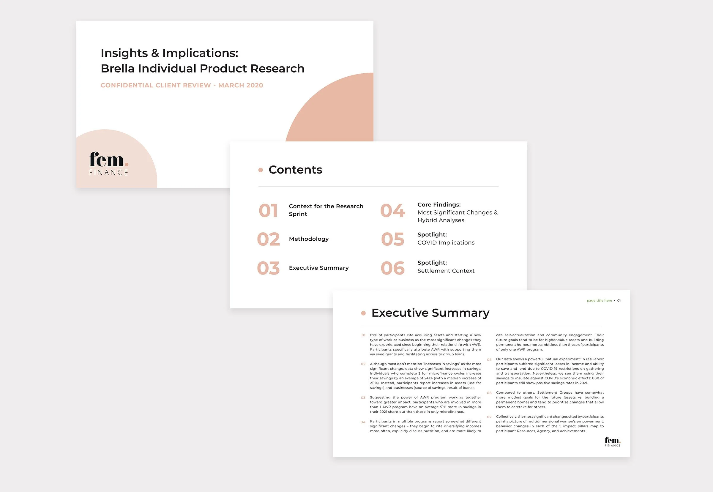 Presentation slides from fem. Finance on Brella Individual Product Research, featuring title slide, contents list, and executive summary section.