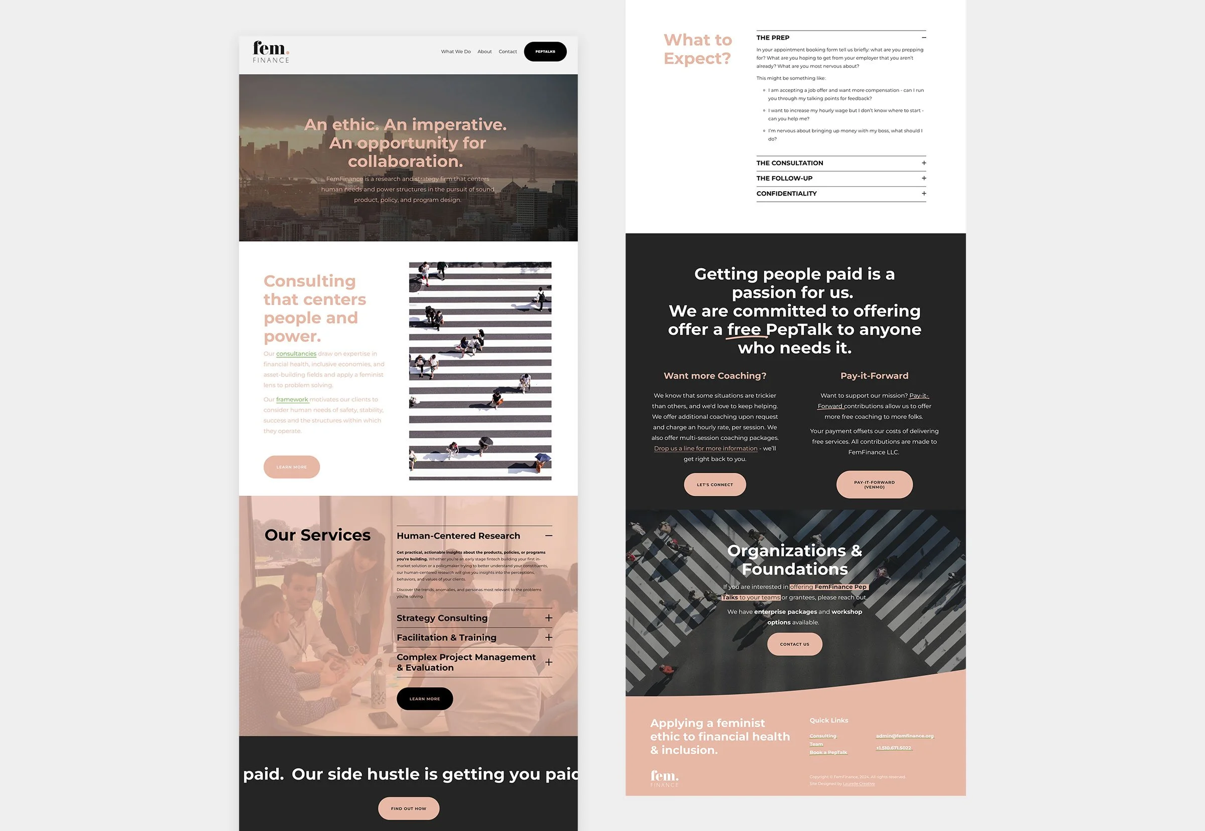 Website layout for Fem Finance featuring consulting services, human-centered research, a focus on ethics and collaboration, and free PepTalk offerings. Includes sections on services, expectations, coaching, and pay-it-forward initiatives.