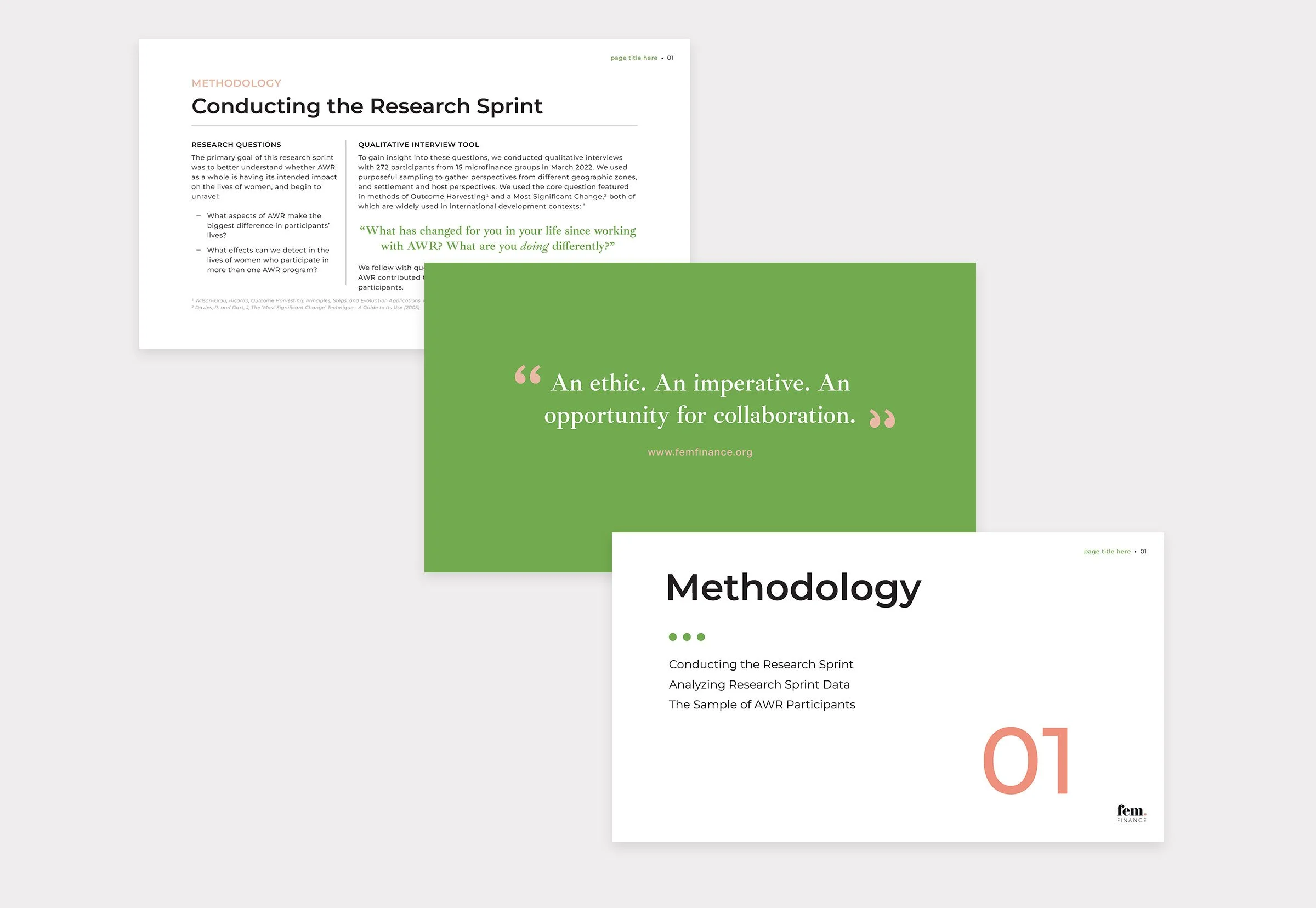 Collage of three slides discussing research methodology, featuring topics like "Conducting the Research Sprint" and a quote on collaboration from femfinance.org.