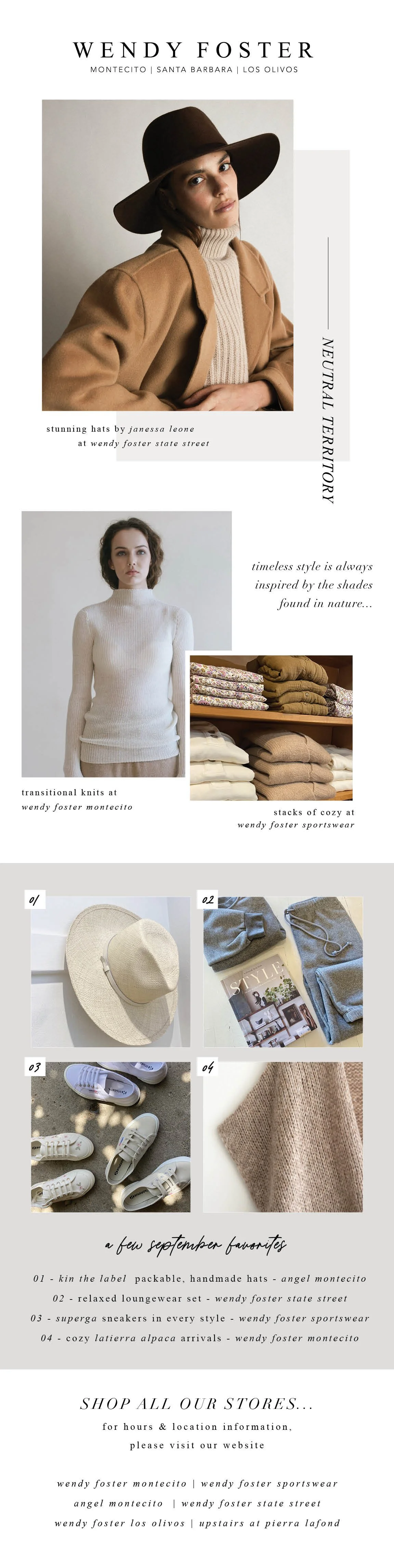Fashion advertisement for Wendy Foster stores in Montecito, Santa Barbara, and Los Olivos showcasing a woman in a wool hat and camel coat, knitwear, and cozy stacks of sweaters. Includes accessories like hats, loungewear, sneakers, and alpaca textiles. Promotes store locations and September favorites.