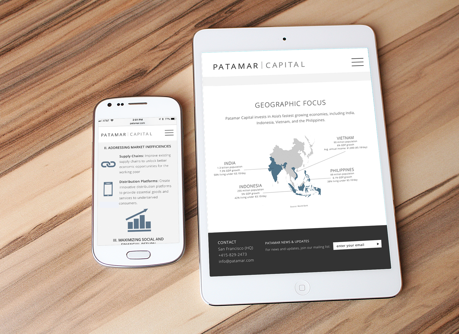 Tablet and smartphone displaying Patamar Capital website with focus on market inefficiencies and geographic investments in Asia, including countries like India and Vietnam, on a wooden surface.