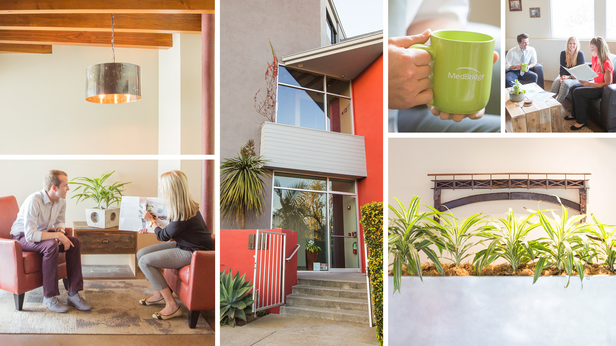A collage of five images featuring an office setting: two people having a discussion in armchairs with a plant and a pendant light above, the exterior of a building with a glass entrance and plants, a person holding a green mug with "MedBridge" on it, a meeting with three people sitting on a couch looking at a document, and a decorative planter with green plants beneath a wall-mounted bridge sculpture.