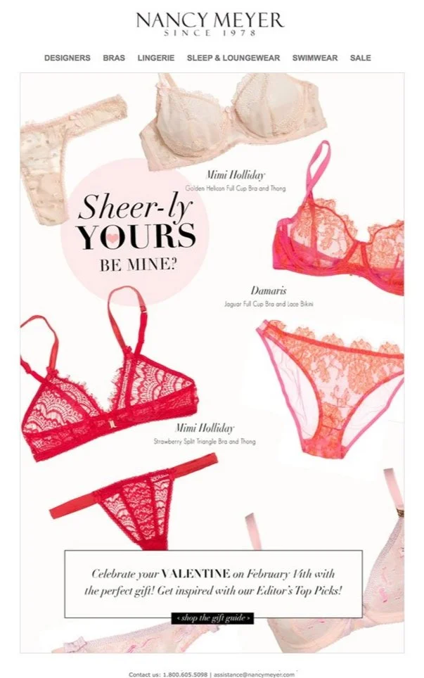Nancy Meyer lingerie advertisement featuring various lacy bras and panties in different colors. Includes product names like Mimi Holliday and Damaris. Text promotes Valentine's Day gifts with a call to shop the gift guide.