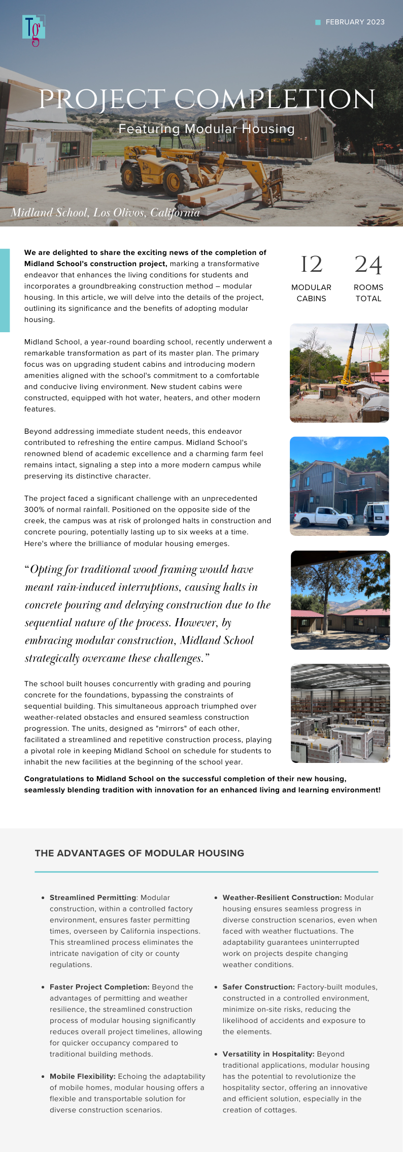 Informative flyer about the completion of a modular housing project at Midland School in Los Olivos, California. Highlights include 12 modular cabins, 24 rooms, and benefits of modular construction such as faster completion, weather resilience, and safety. Features images of the construction process and finished buildings.