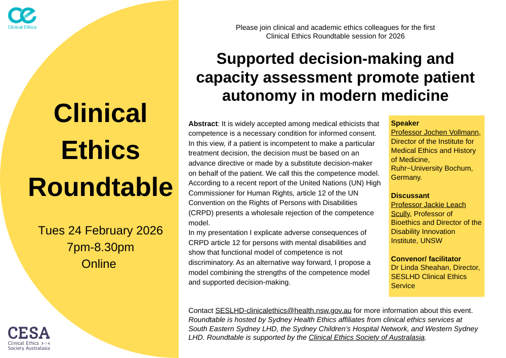 Clinical Ethics Roundtable: Supported decision-making and capacity assessment, 24 Feb 2026