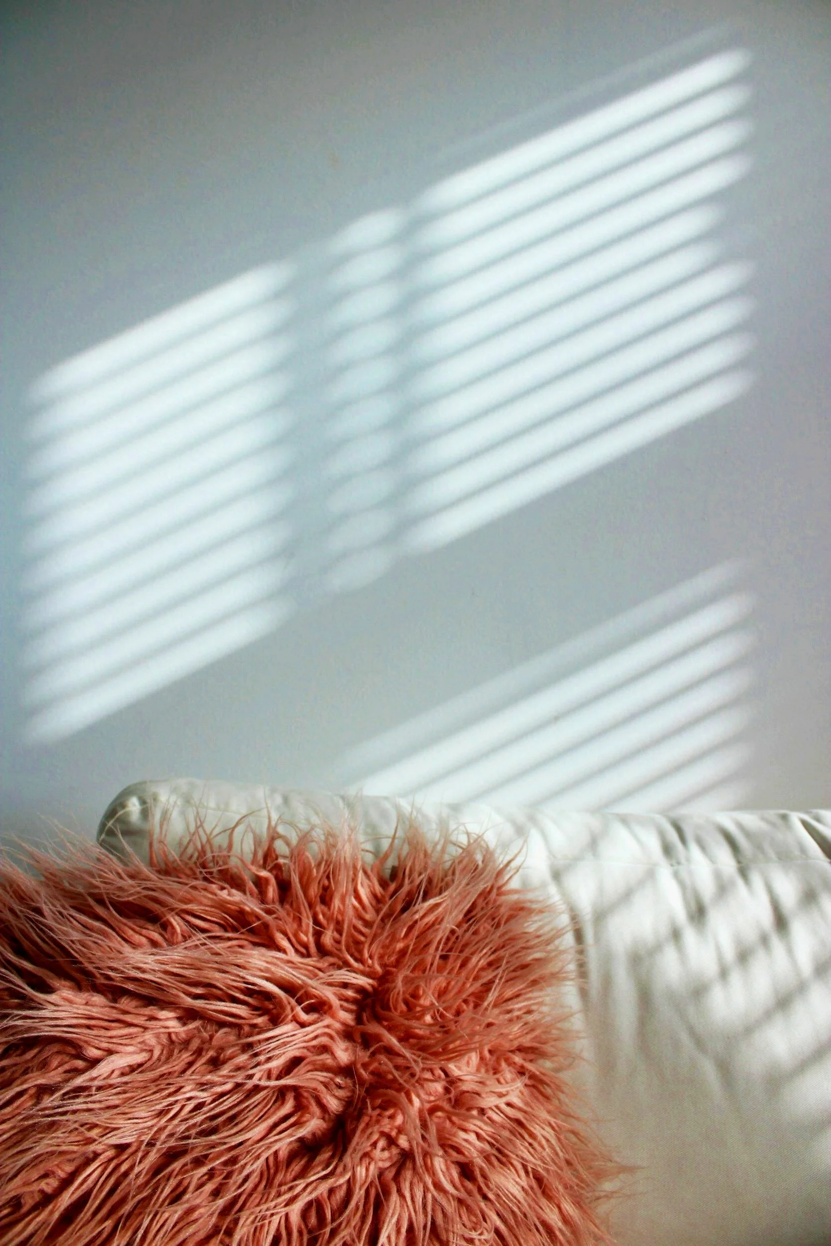 Sunlight on Interior Decorator Airbnb Vacation Rental Vrbo Home Stagingsofa with pink fluffy pillow