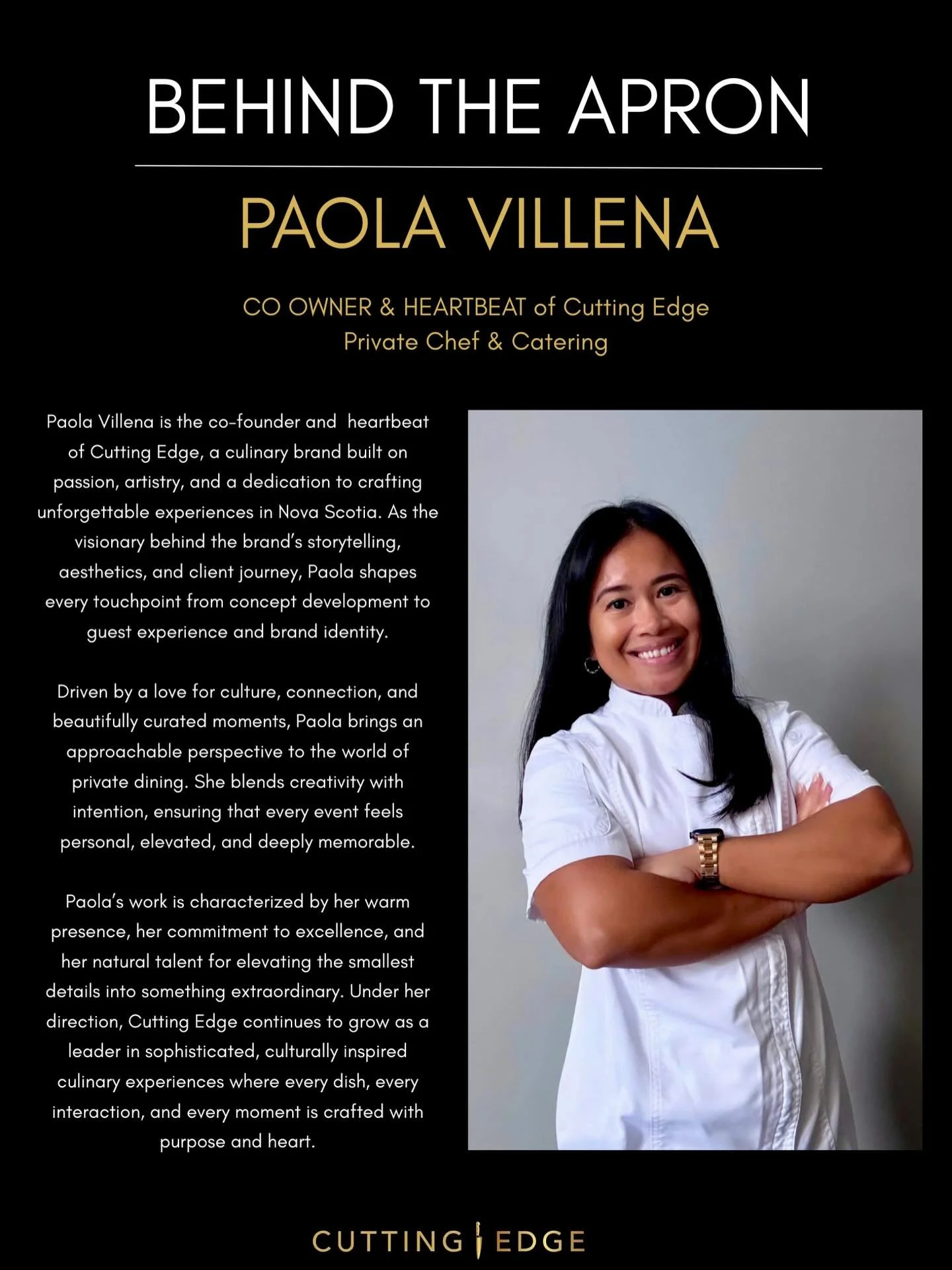 Meet Paola! Heart and soul of Cutting Edge Private Chef &amp; Catering! 💁🏽&zwj;♀️

Behind the scene and at the centre of it all, Paola brings care, intention and genuine connection to every cutting edge experience. 

When she&rsquo;s not curating m