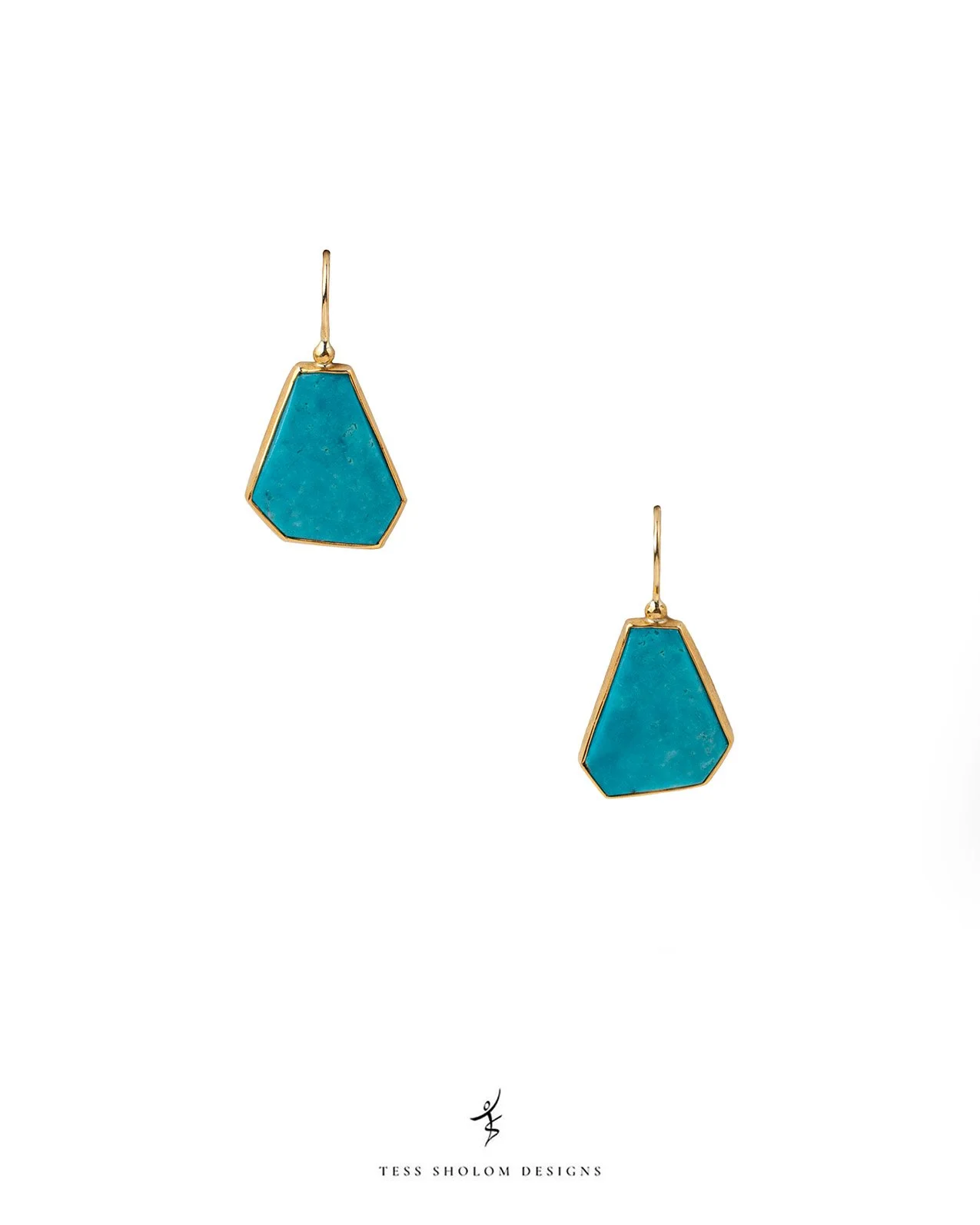 Pair of blue geometric earrings with gold trim on a white background, with Tess Sholom Designs logo below.