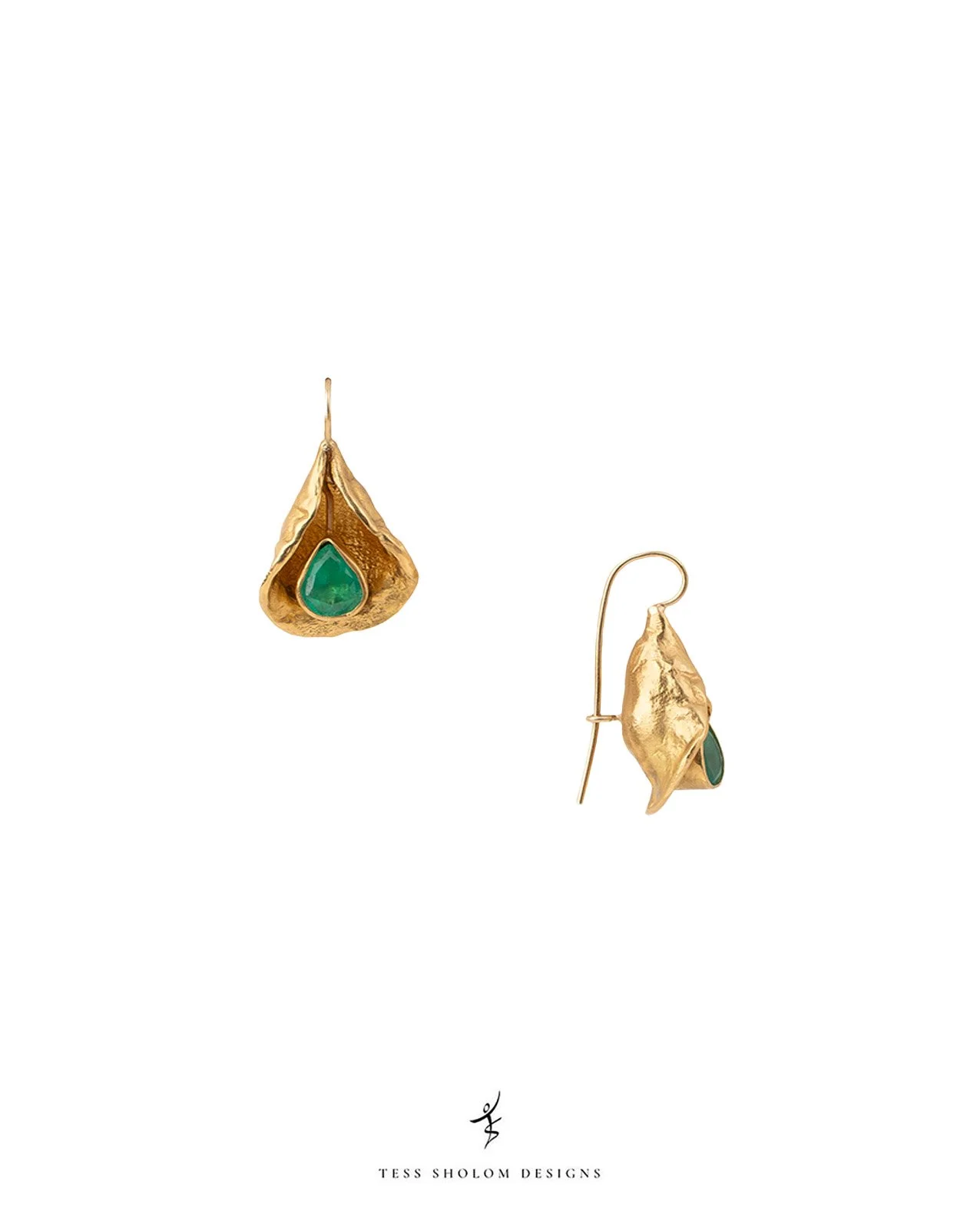 Gold earrings with green gemstone accents, designed by Tess Sholem Designs.