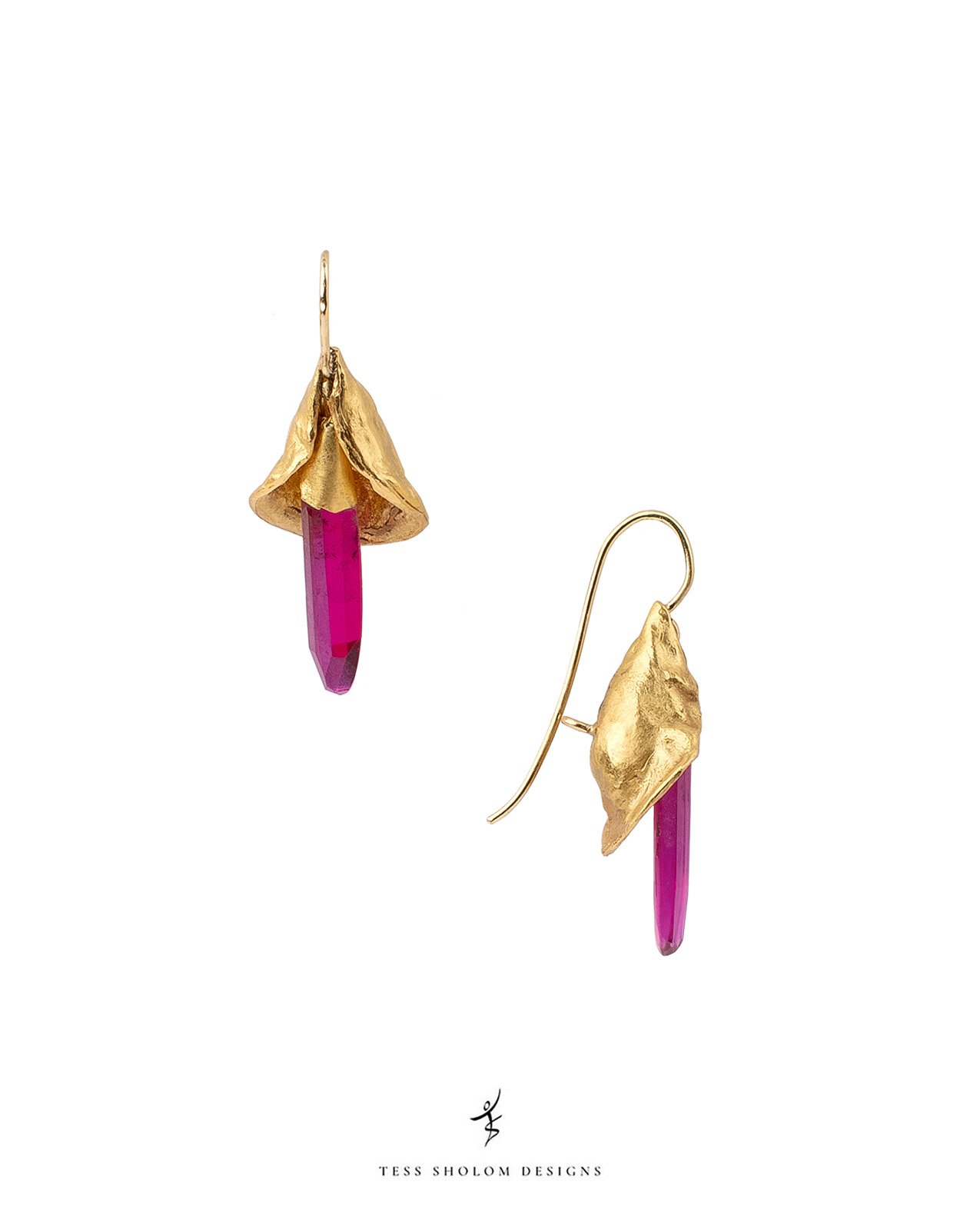 Gold earrings with pink gemstones and gold leaf design.