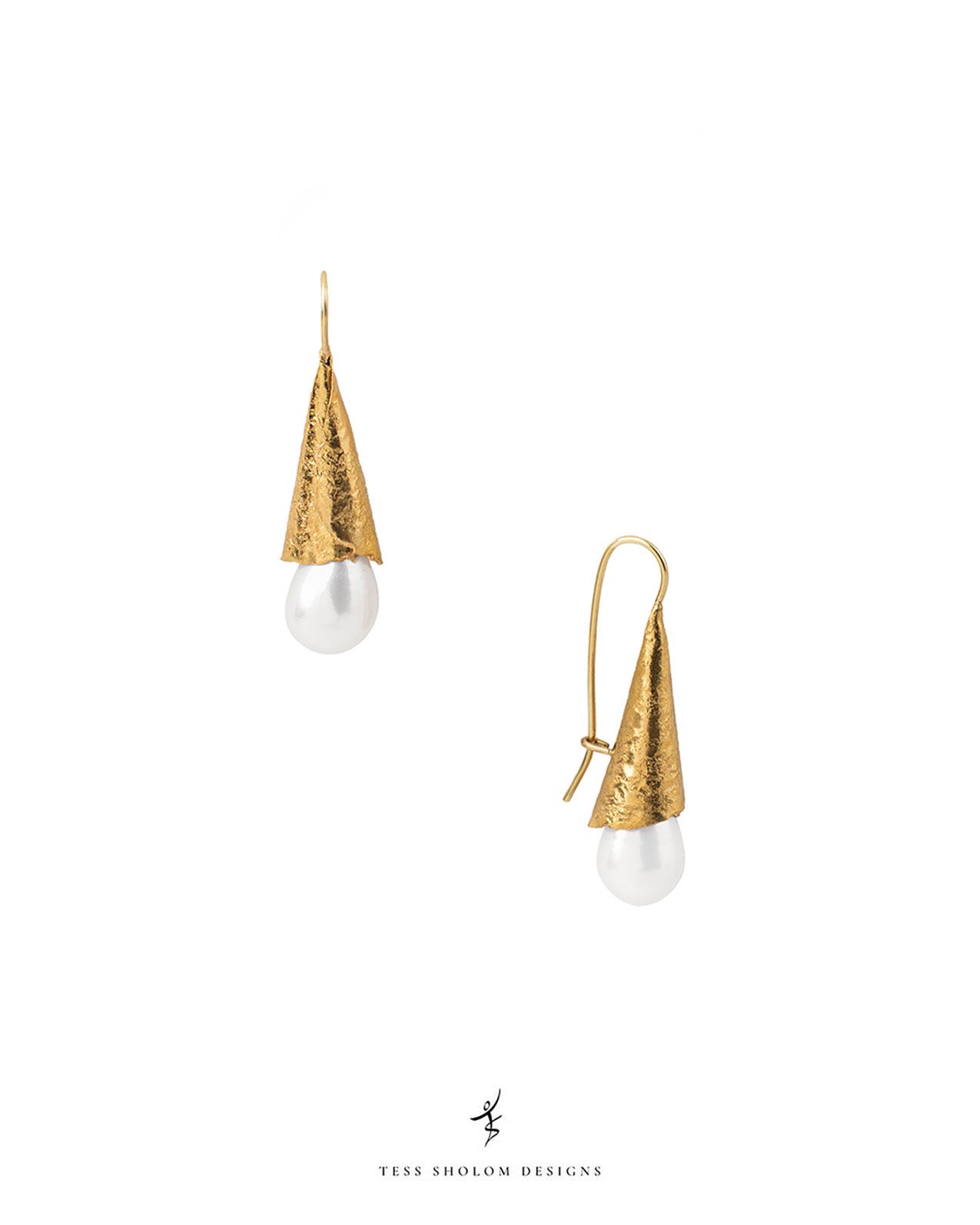 Gold earrings with white pearls and textured cone-shaped gold caps, displayed on a white background.