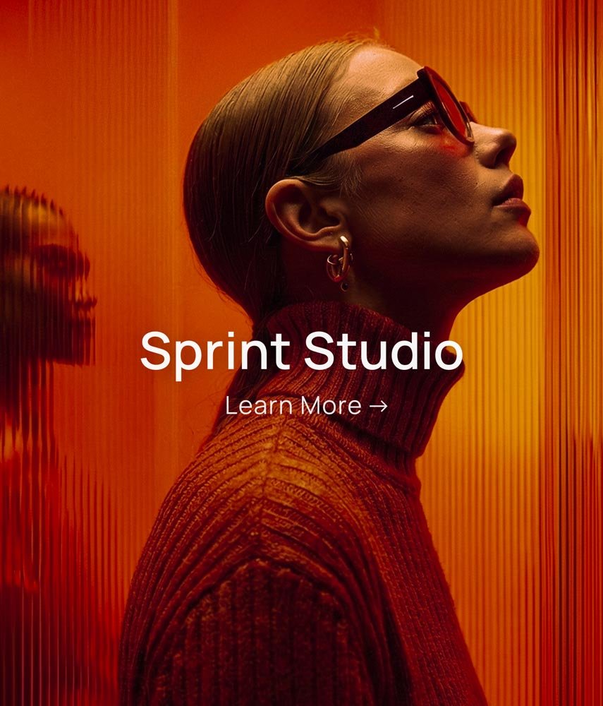 A woman with short, blonde hair wearing sunglasses and a turtleneck sweater, standing against an orange background, promoting Sprint Studio with a "Learn More" prompt.