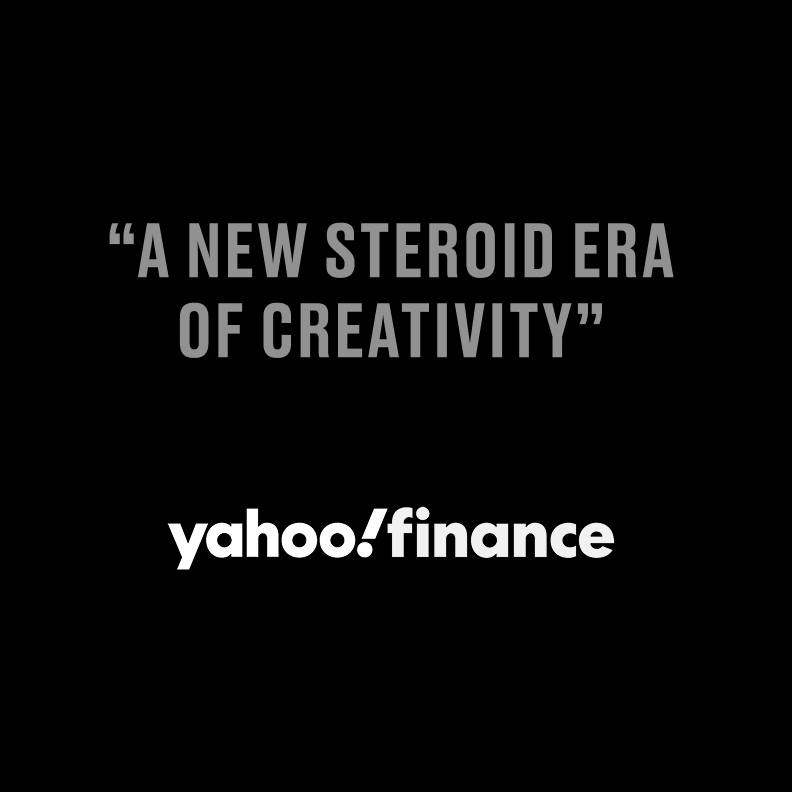 Quote 'A new steroid era of creativity' with yahoo! finance logo on a black background.