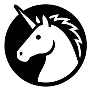 Black and white logo of a unicorn's head inside a circle.