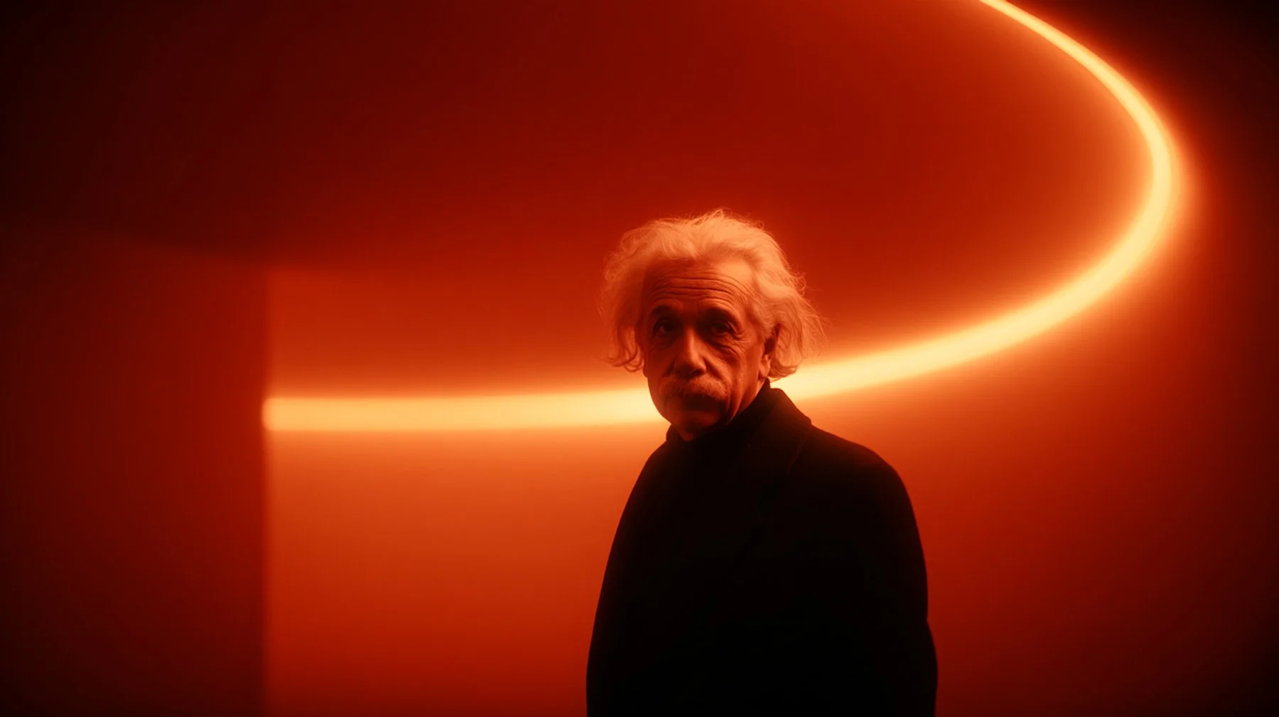 Albert Einstein is illuminated by a modern red light room