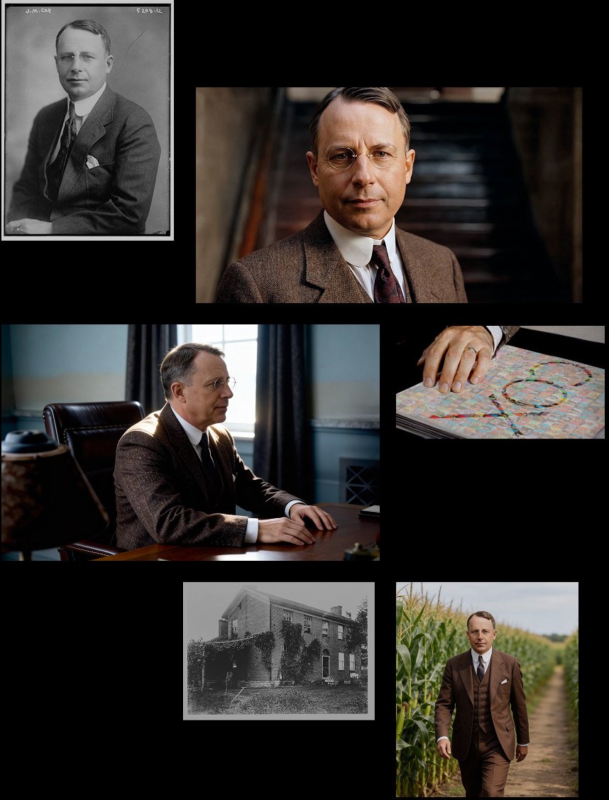 A collage of historical and modern images of a man, including a black-and-white portrait from the early 20th century, a modern portrait, a side profile of him sitting at a desk, a hand on a colorful map with a ruler, an old house, and a man walking through a cornfield.