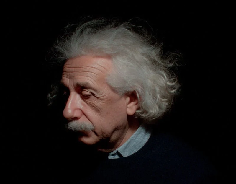 A contemplative AI portrait of Albert Einstein as he thinks about all the amazing videos AdWaken.ai has made of him.