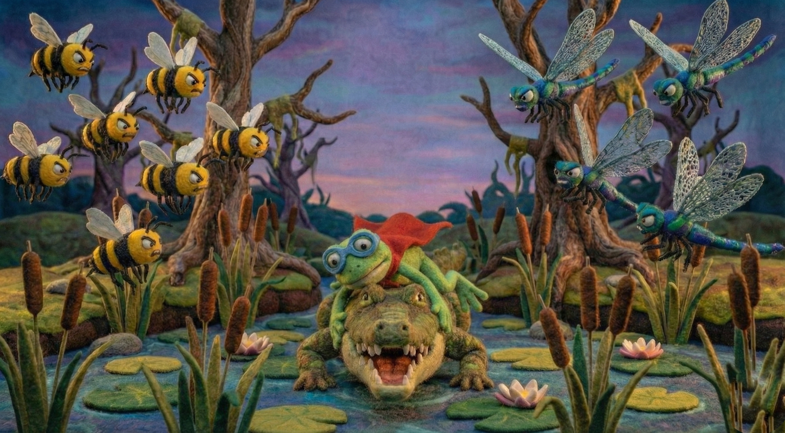 A whimsical scene with a cartoon frog in glasses and a red cape riding a crocodile through a pond, surrounded by pink water lilies. On the left, a group of angry bees are flying toward the frog. On the right, several blue and green dragons are perched on trees, watching the scene.