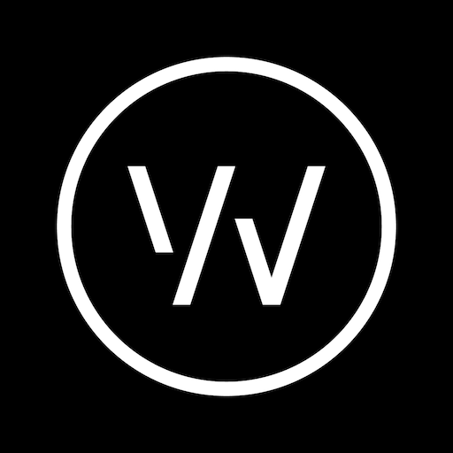 A black background with a white circle containing stylized white 'V' and 'W' letters inside.