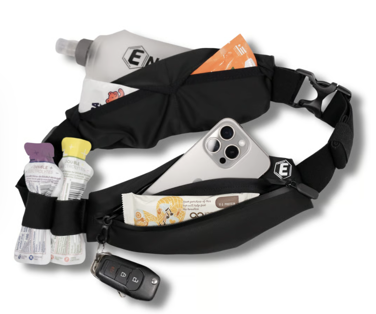 A black waist pack containing a smartphone, a key fob, a juice box, a packet of protein, and other small items, with a separate bottle of electrolyte drink, all on a white background.