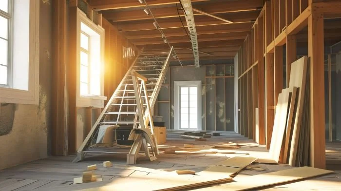 Interior of Large room under renovation . Pieces of wood scattered all over. A unfinished stair case. Large windows on left let a warm light in