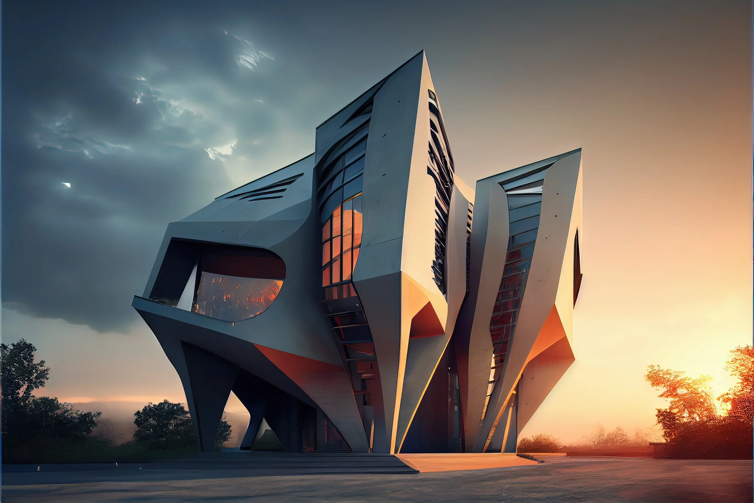 Sci-Fi looking AI generated image a dramatic architectural house that just can be a house of the future. To left half of the background sky is dark blue, possibly suggesting a dawning while the right half it transitions to a warm sunrising