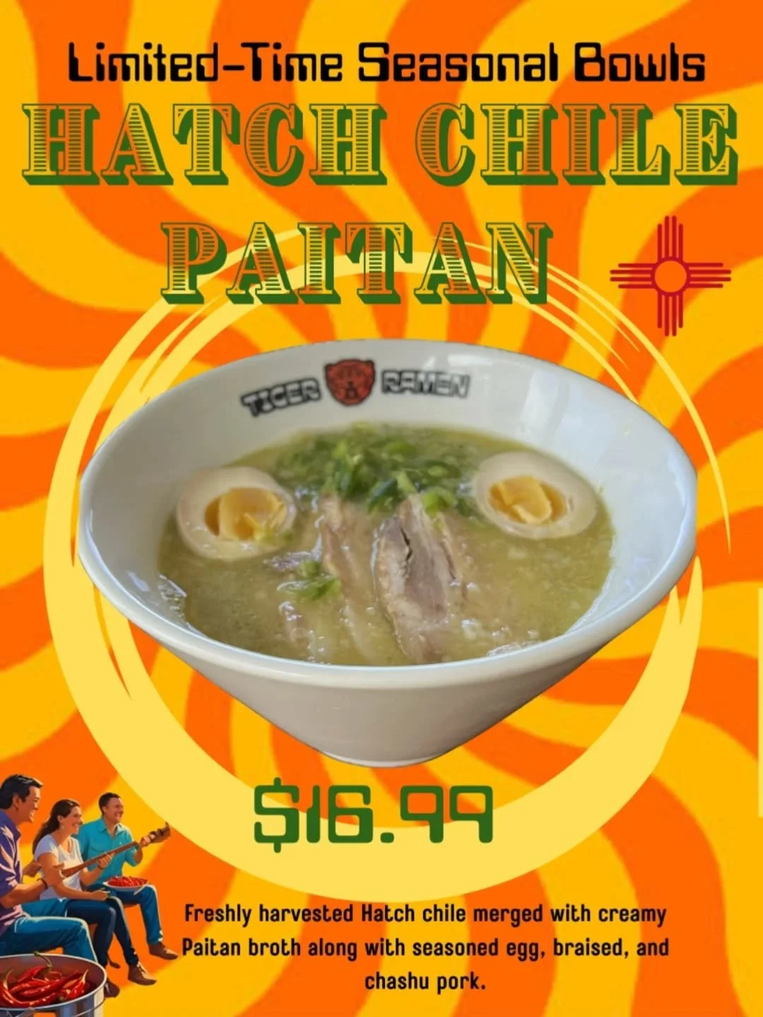 Limited-time ramen is here! Available only during the Hachi Chile season, so don&rsquo;t miss your chance to try this flavor! 💚💚💚🍜 
#japanramen #hatchchiles #ramen #limited #tigerramen #paitan