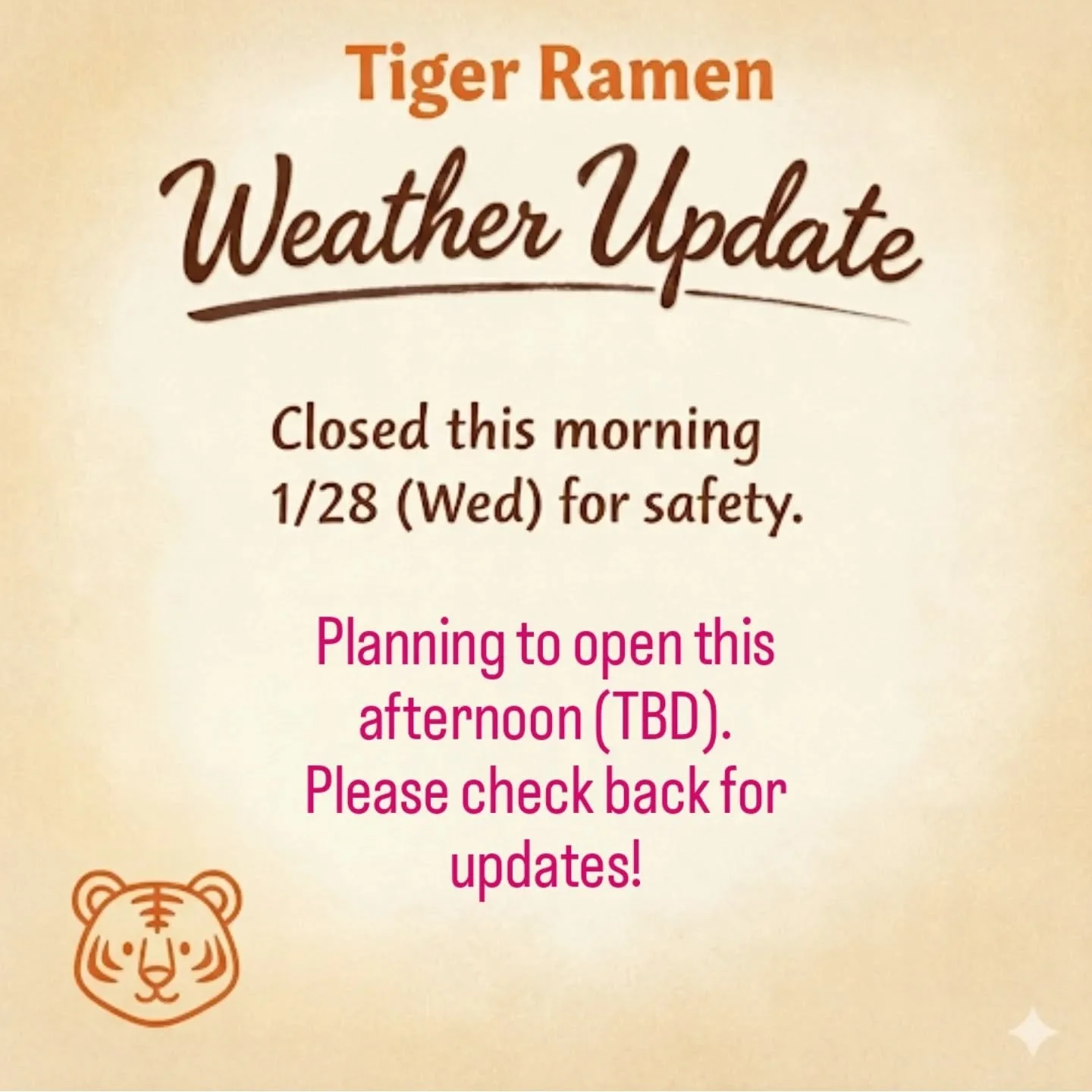 Weather Update ☔❄️
For everyone&rsquo;s safety, we are closed this morning. We plan to open this afternoon.
Please stay tuned for updates. Thank you for your understanding!