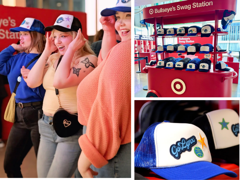 People wearing Target-themed hats at a promotional event, with displays of Target-themed hats and merchandise including Go Lynz hats featuring sports and star designs.