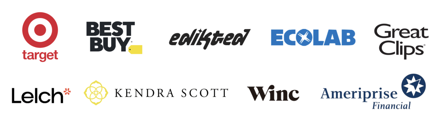 Collection of logos from various brands including Target, Best Buy, Edilite, Ecolab, Great Clips, Lelch, Kendra Scott, Winc, and Ameriprise Financial.