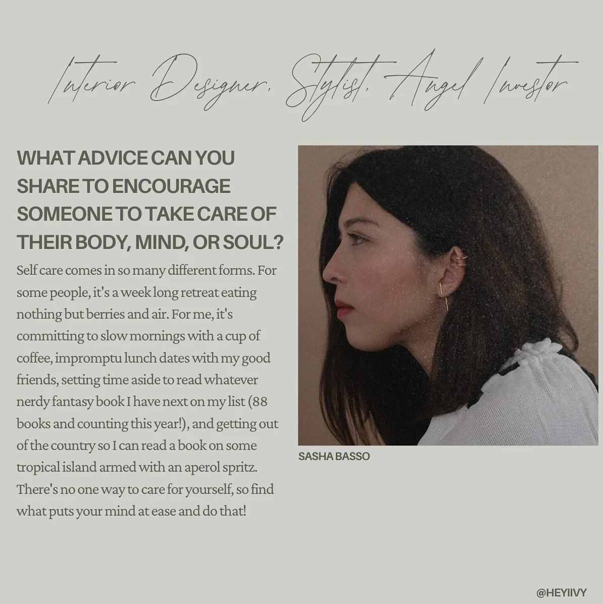 SASHA BASSO.
Sasha is an interior designer, stylist, and angel investor and brings us some interesting insights into her business. She has a great perspective on parenting, a recipe that she swears is a #1 crowd pleaser, and a number of women owned b