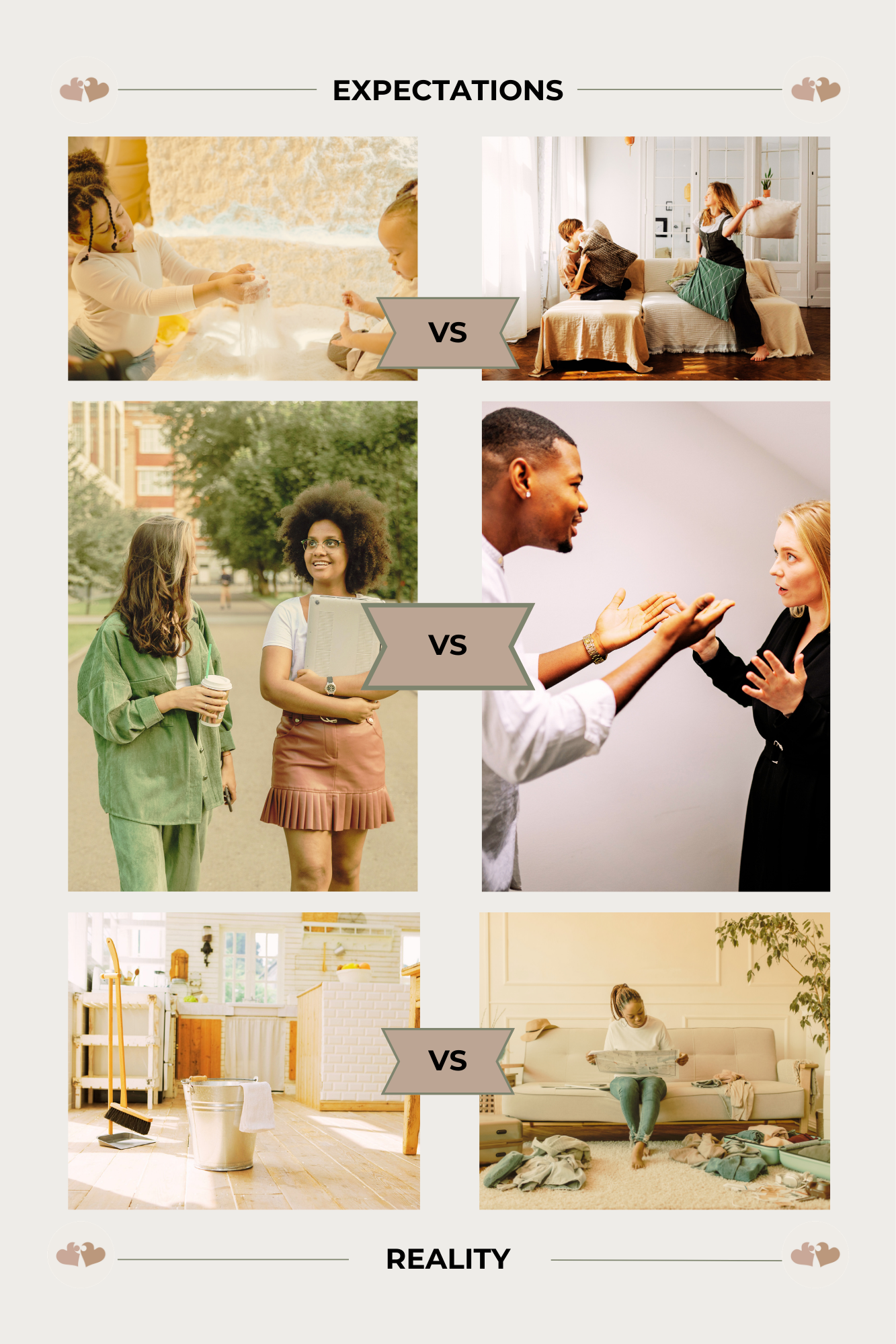 expectations vs reality in pictures: kids playing nicely vs fighting, a nice chat vs arguing, a clean house vs messy