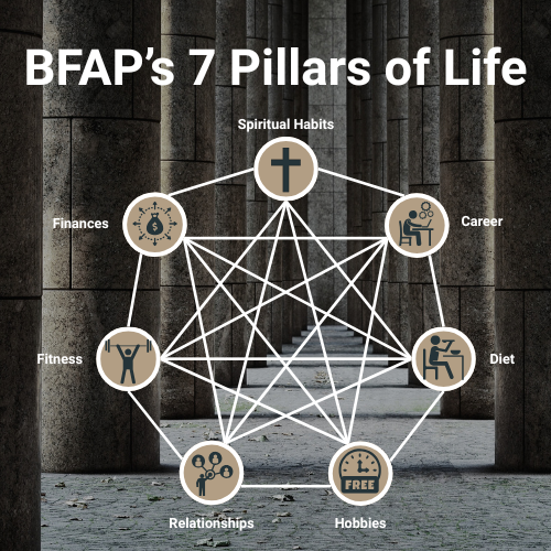 At BFAP, we use the concept of 7 Pillars as a way to reflect on whether your life is moving in the right direction. These pillars represent the key areas where purpose is lived out daily: the choices we make, the habits we build, and the way we spend