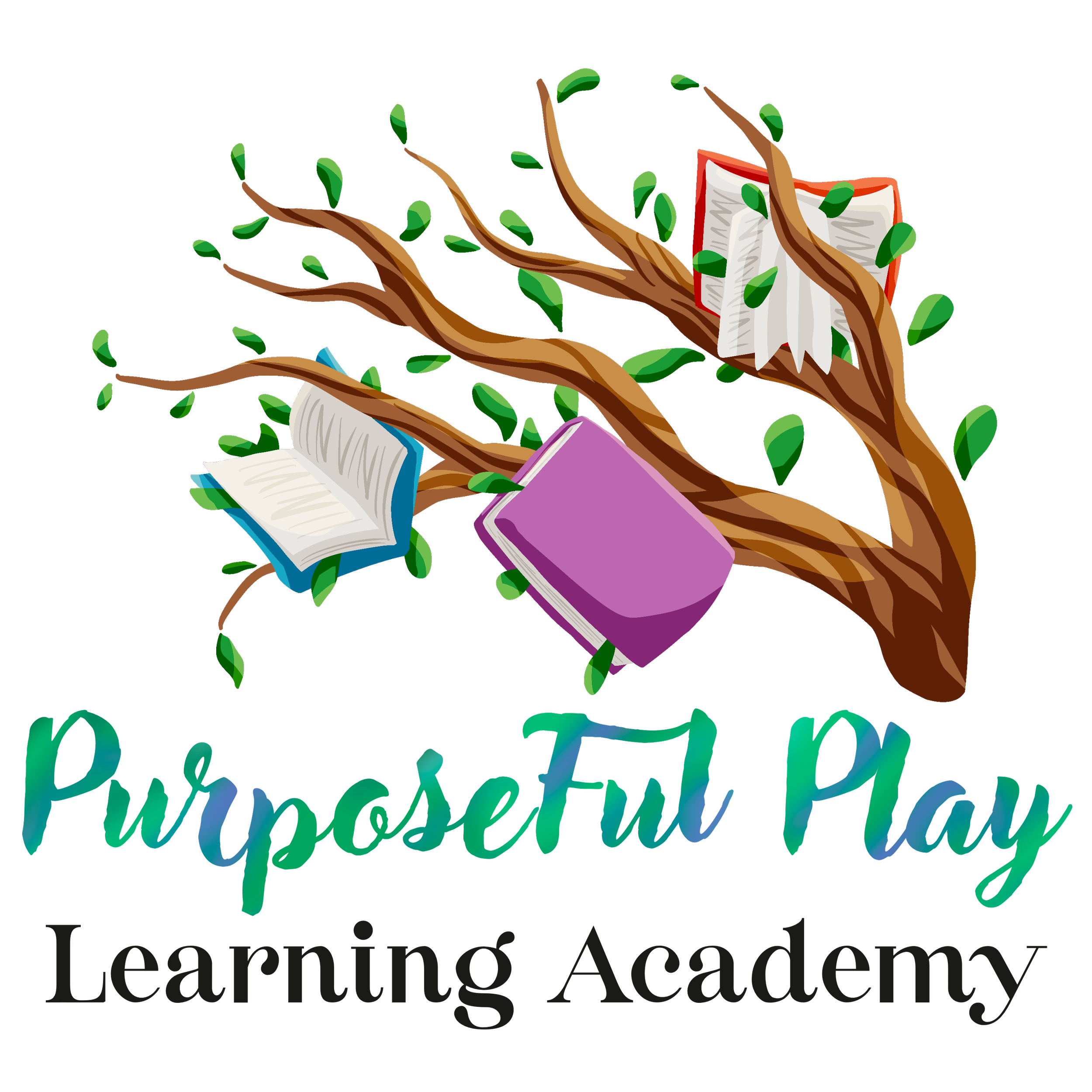 Tree with green leaves and books hanging on its branches, with the words 'Pursuing' and 'Learning' visible.