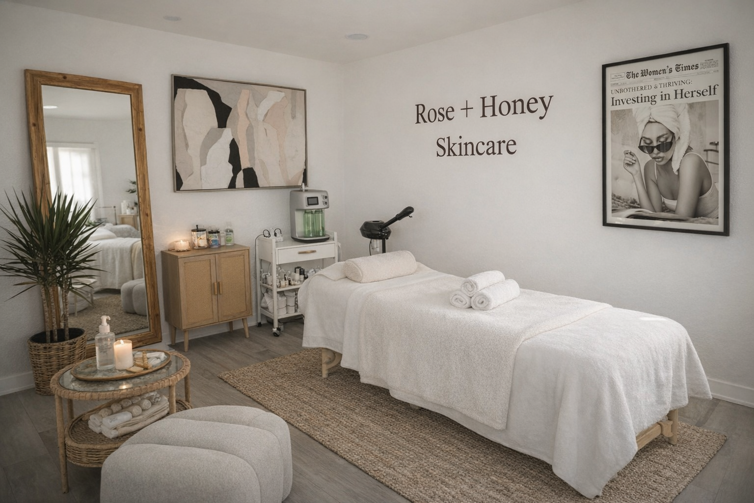 A treatment room with a massage bed, towels, and skincare products, featuring a wall sign that reads 'Rose + Honey Skincare'.