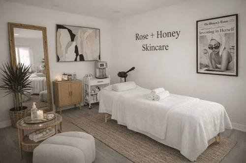 A treatment room with a massage bed, towels, and skincare products, featuring a wall sign that reads 'Rose + Honey Skincare'.