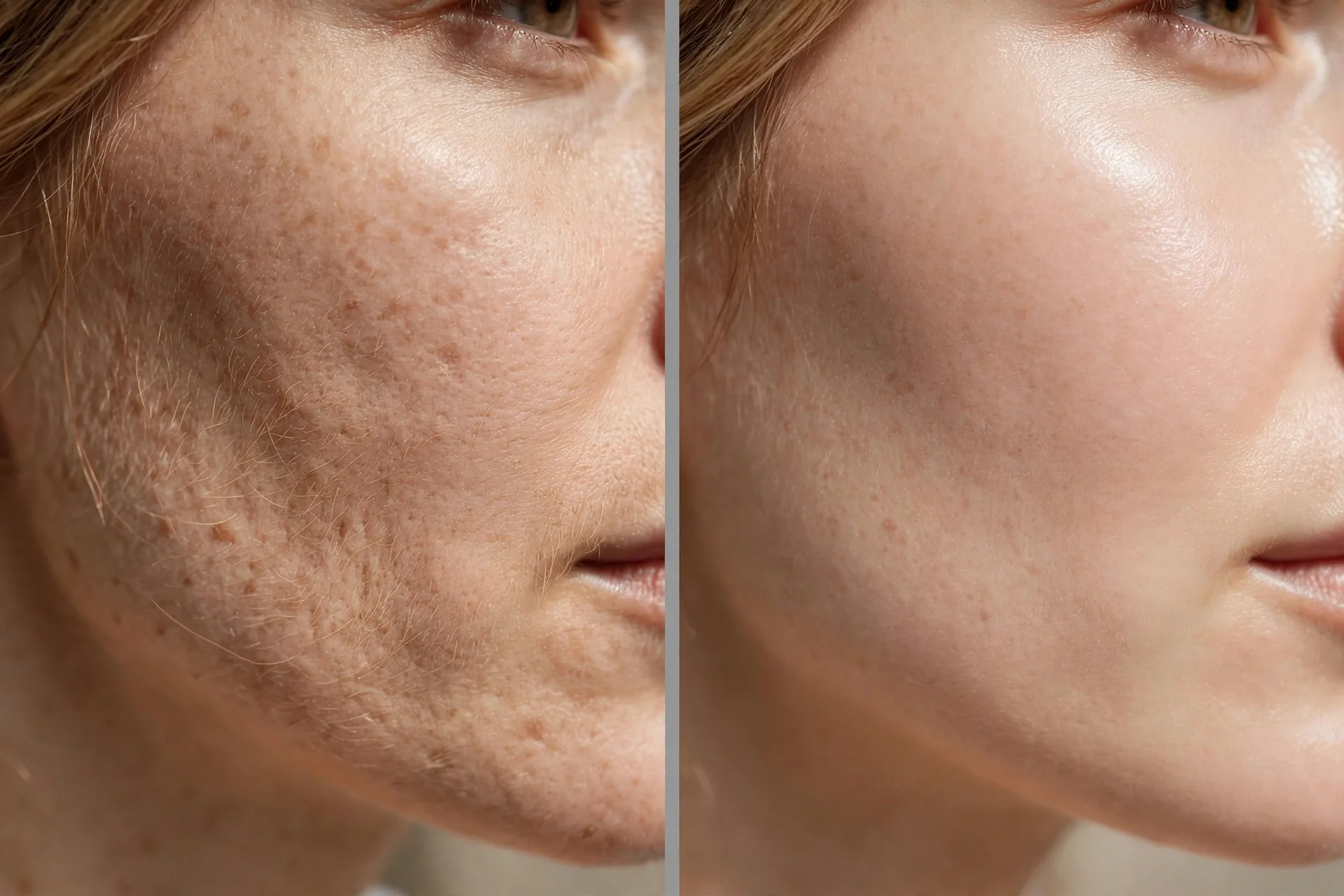 Before and after dermaplaning diptych: dull cheek with peach fuzz on the left, smooth glowing skin on the right