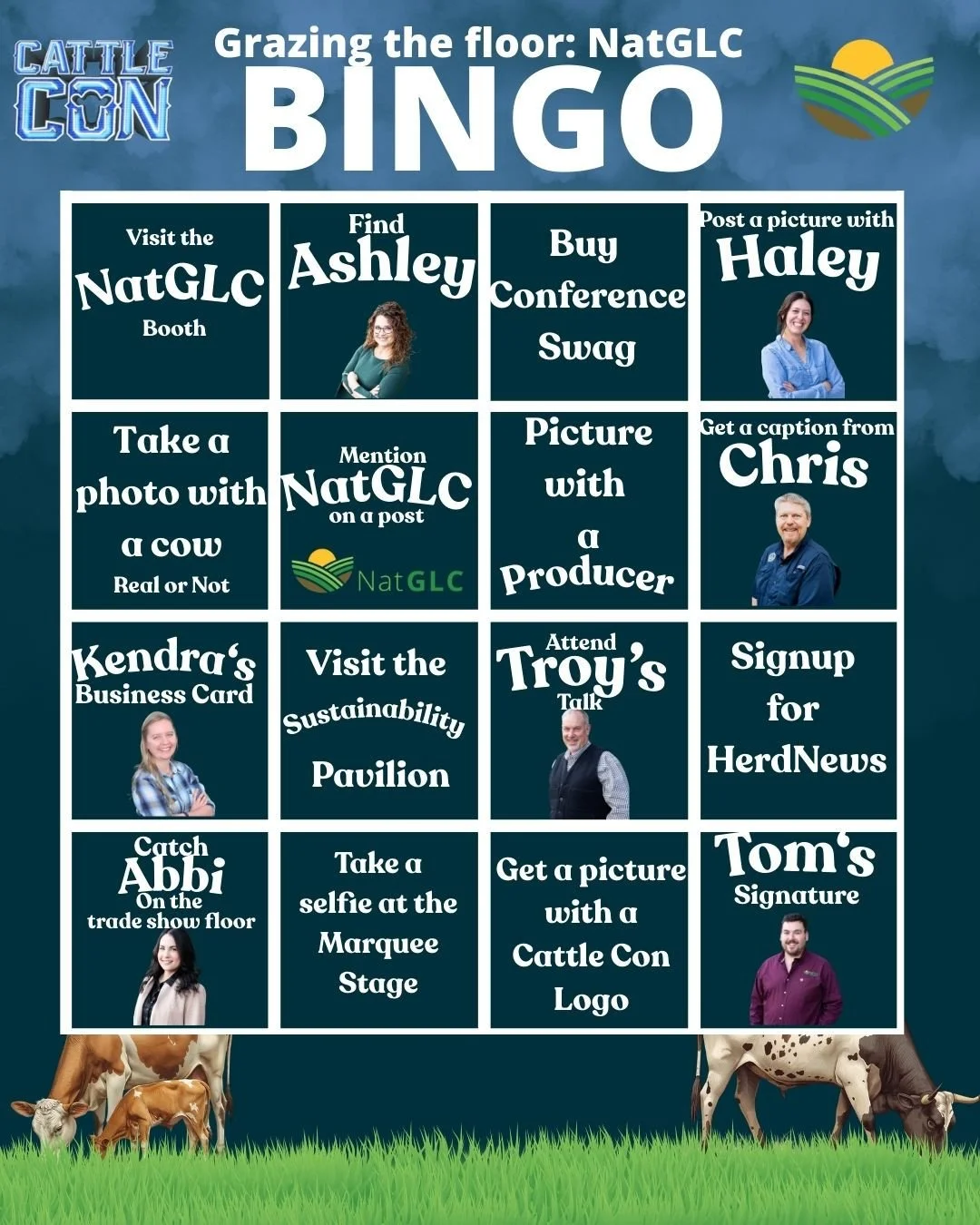 Cattle Con Bingo is LIVE-- ⁠
⁠
Play along with NatGLC by completing bingo squares throughout the conference. Attend sessions, visit booths, and capture proof along the way. ⁠
⁠
How to win: Get 4 squares in a row (horizontal, vertical, or diagonal), t