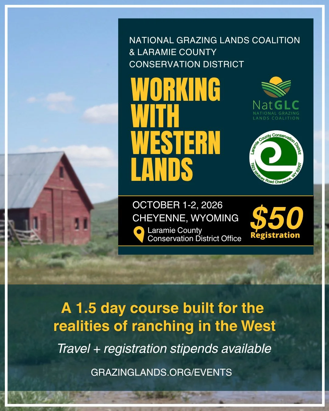 Join NatGLC in Cheyenne, Wyoming, October 1&ndash;2 for Working with Western Lands, a 1.5 day regional course exploring the interconnected relationship between livestock, landscapes, and ranch management.⁠
⁠
We'll dig into topics that directly impact