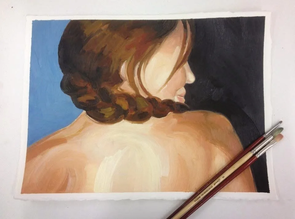Painting of a woman with brown hair in a braid, viewed from behind. The background is divided into blue and black sections.