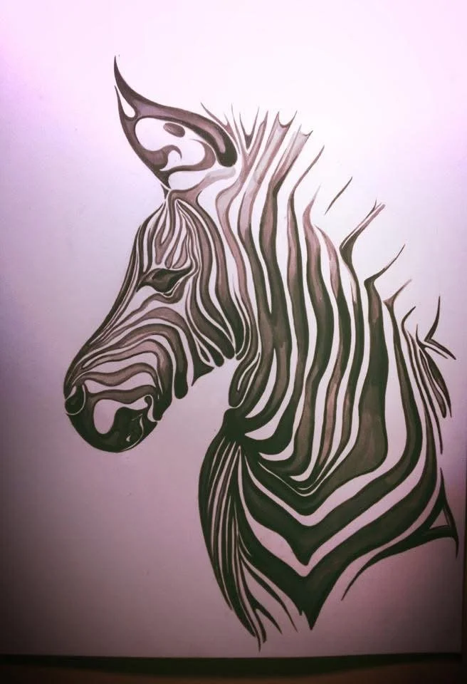 Black and gray zebra illustration with stylized, flowing lines on a light background.