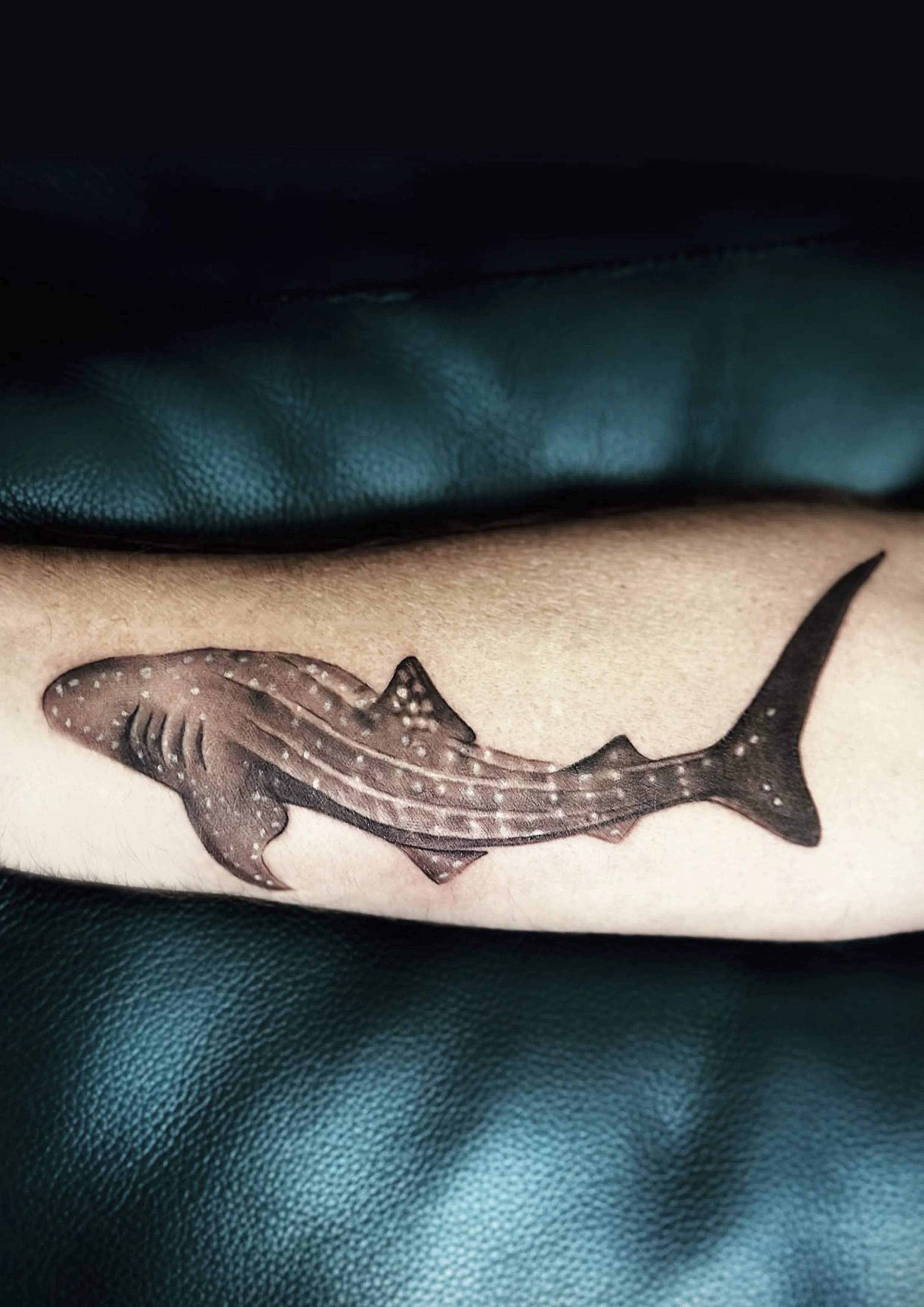 Tattoo of a brown whale shark on person's arm.