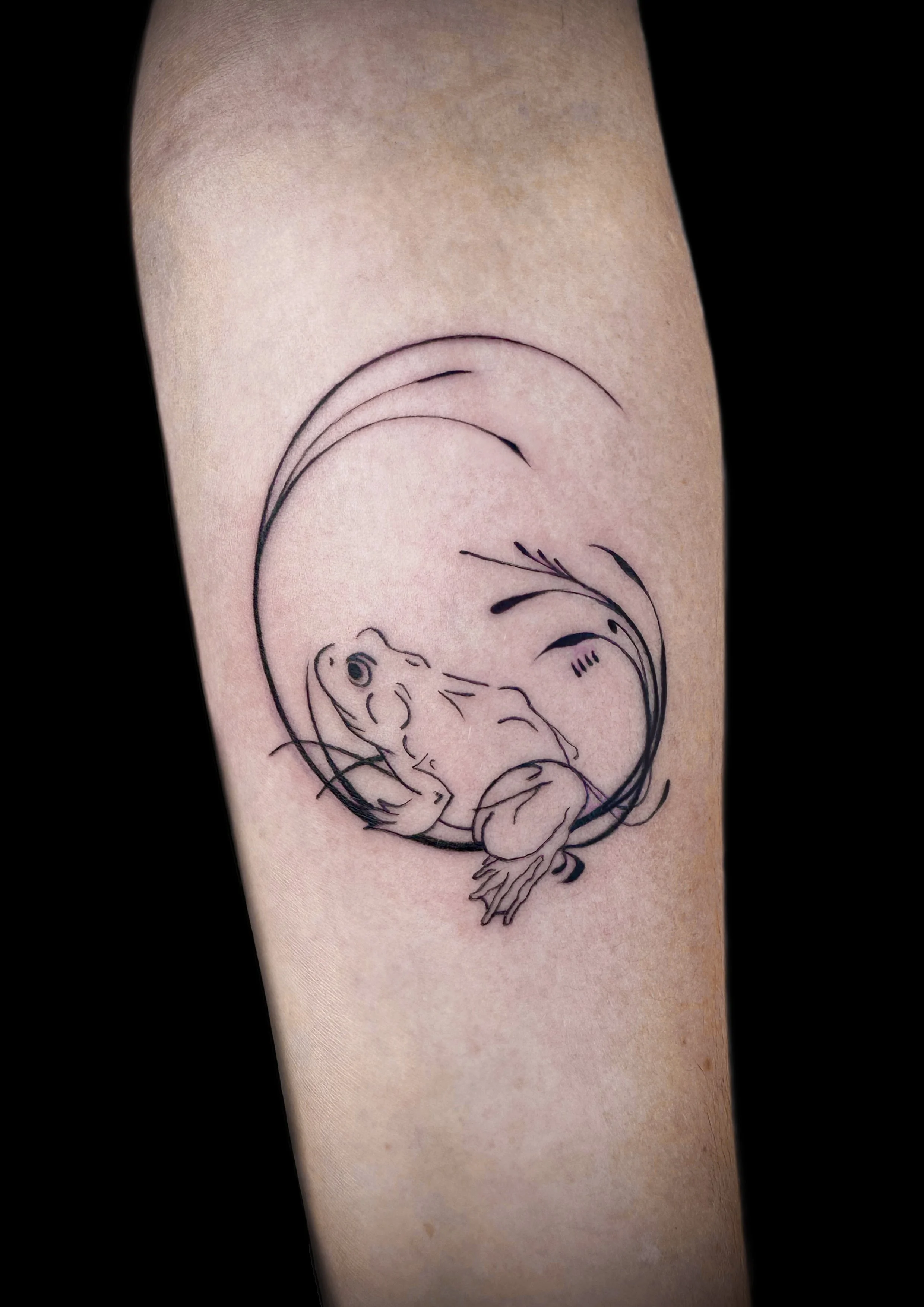 Line art style tattoo of a frog surrounded by circular and curved lines on the person's arm.