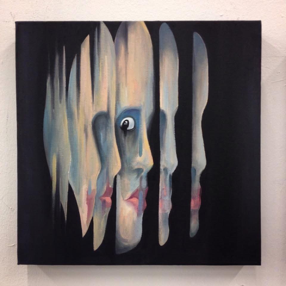 An abstract painting of a woman's face with multiple profiles layered, the face appearing fragmented and melting into black background.