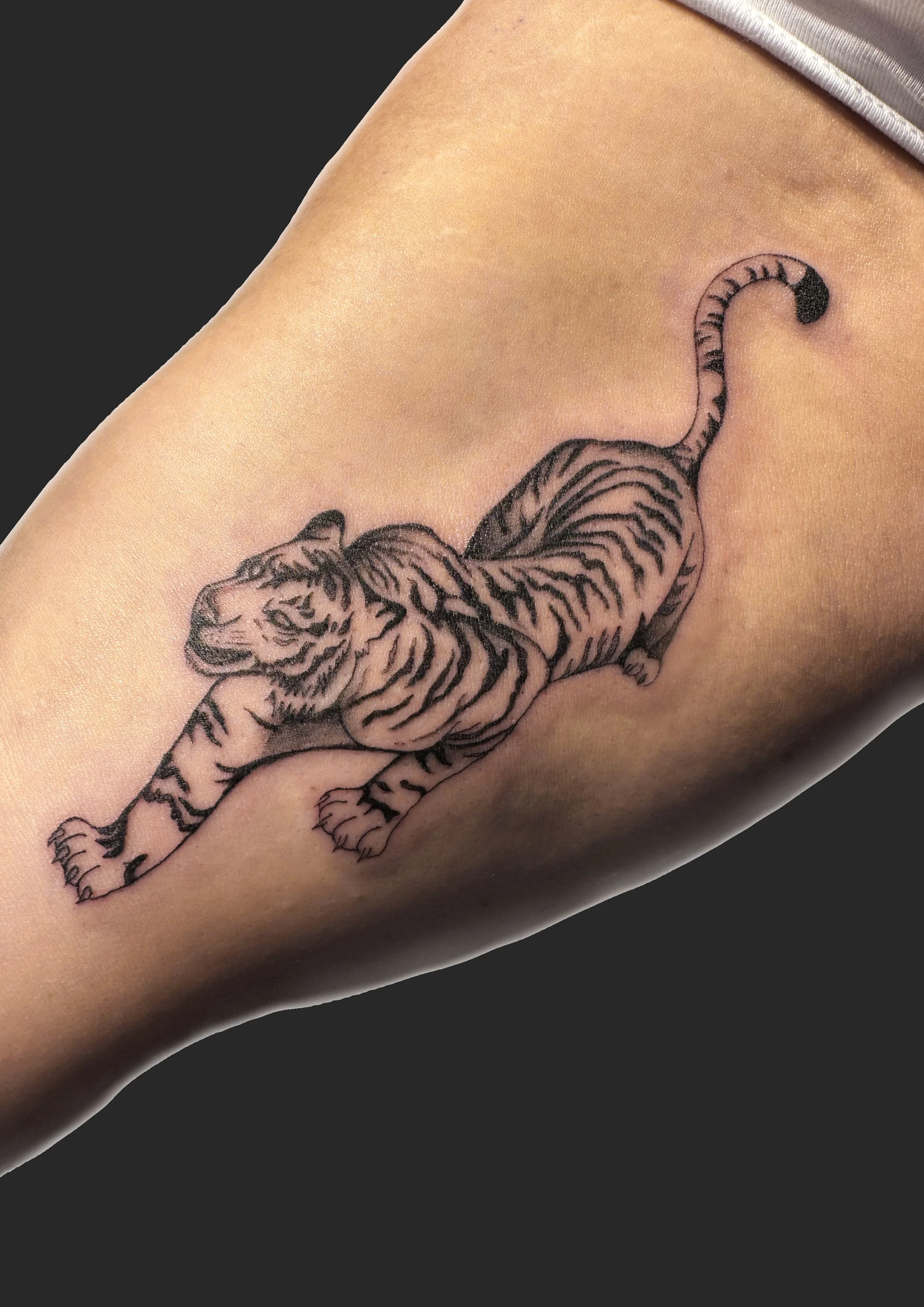 Tattoo of a tiger cub on a person's upper arm.