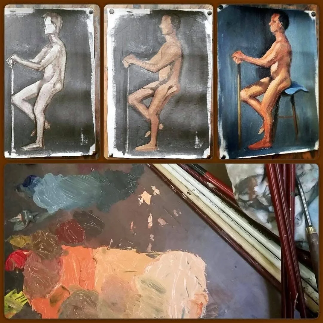 Three small paintings of a nude man sitting on a stool, in various stages of completion, along with an artist's palette with mixed paint colors and various brushes and art supplies.