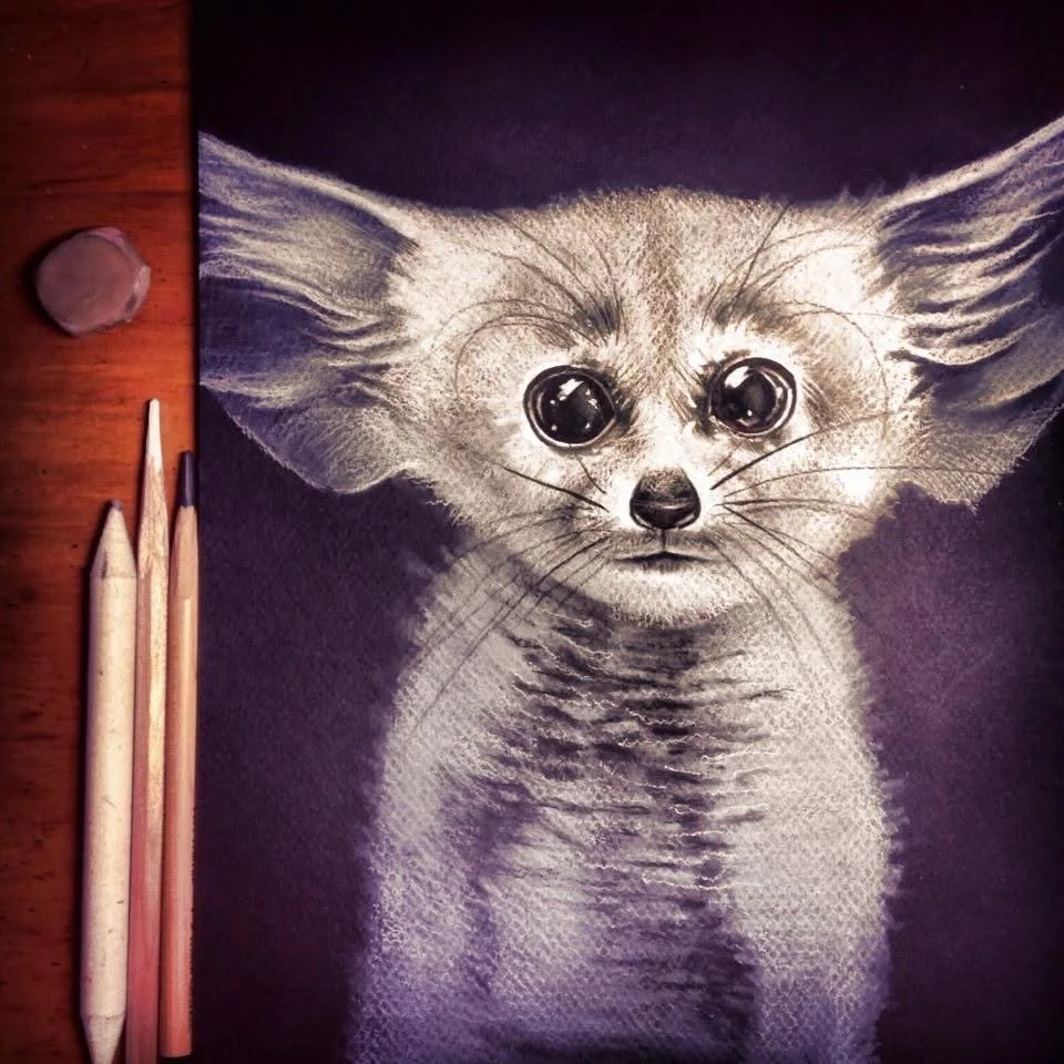 A detailed drawing of a fox with large, glossy eyes, set against a dark background.